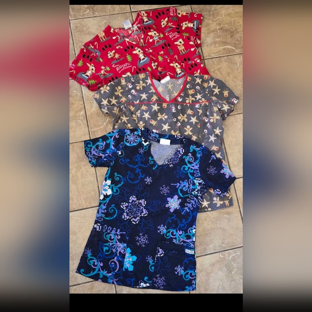 3 Christmas/Winter Scrub Tops- All Womens Size Large